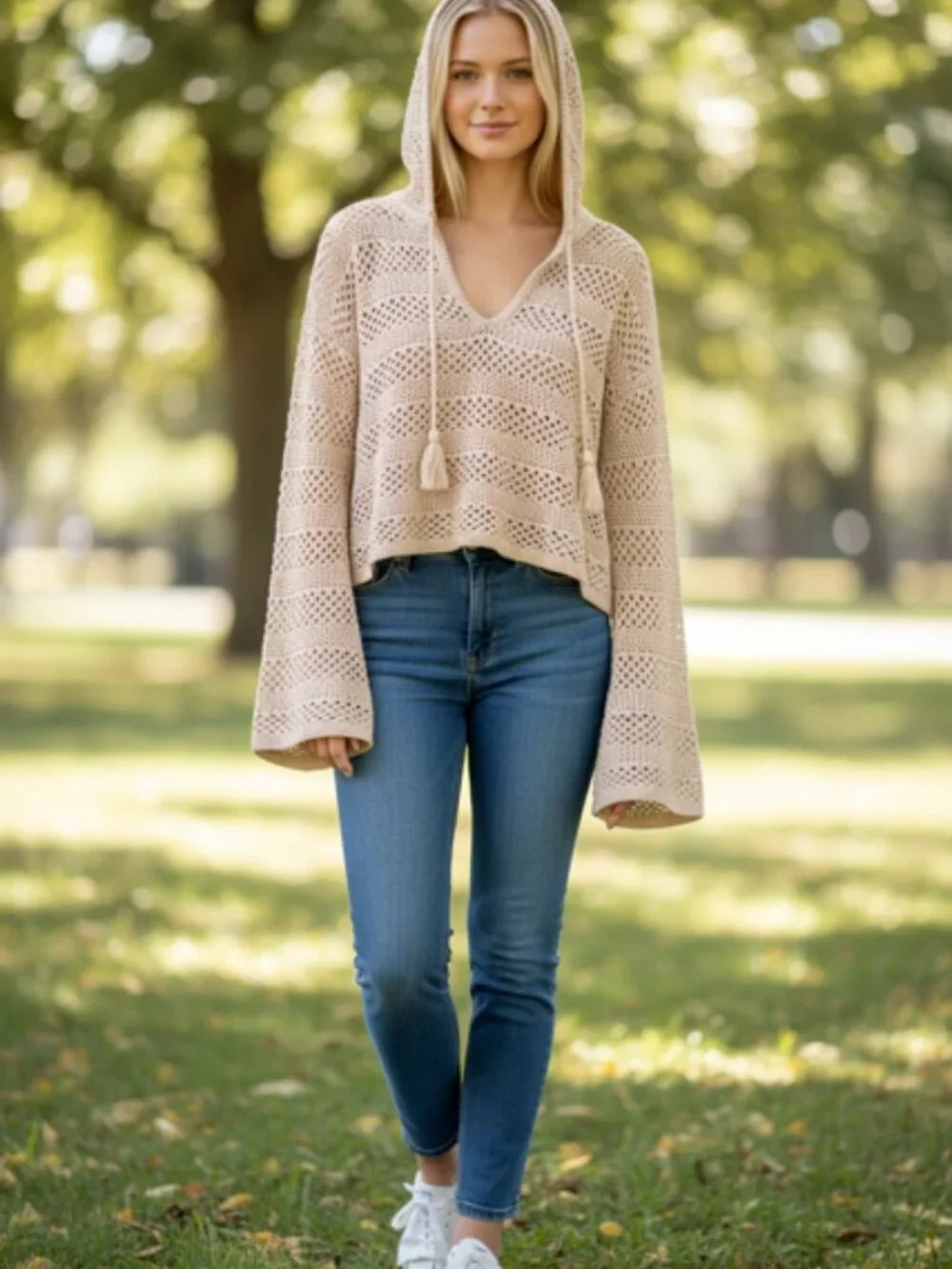 NWT Roxy Crochet Hooded Sweater Women's Small Beige Boho Beach - Picture 2 of 5